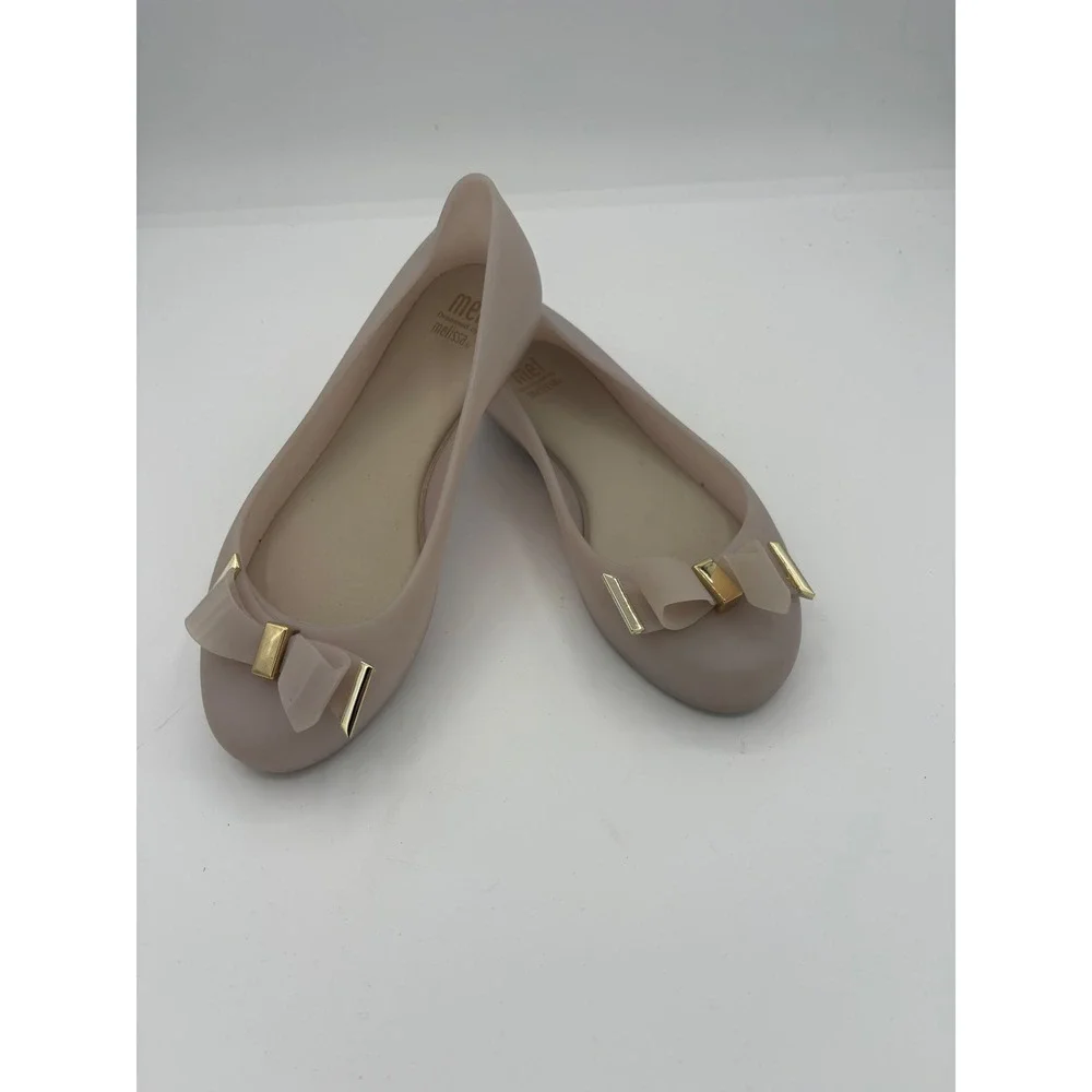 Mel by Melissa Women Blush Pink Jelly Ballet Flats Bow Gold Hardware Size 3 USA‎